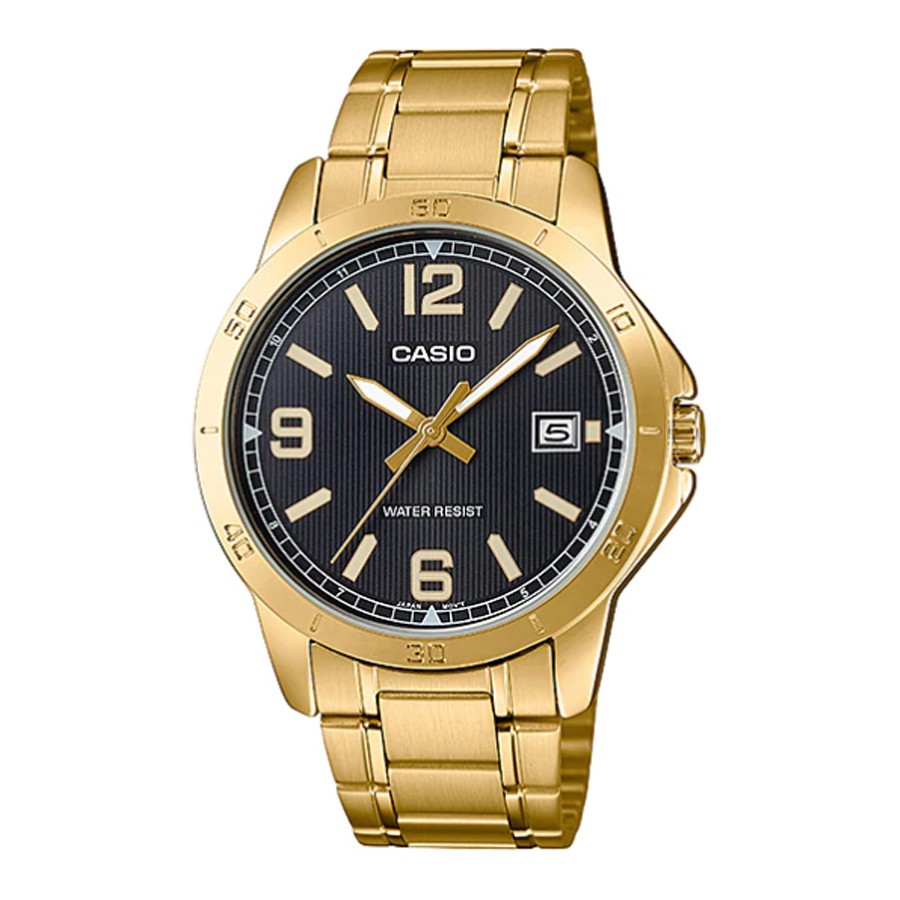 Casio Standard นาฬิกาข้อมือผู้ชาย สายสแตนเลส รุ่น MTP-V004,MTP-V004G,MTP-V004G-1B,MTP-V004G-1BUDF - สีทอง