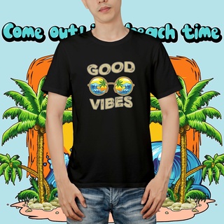 แขนสั้นcrew neckเสื้อยืด พิมพ์ลายคลื่นทะเล Good Vibes สีดํา สีขาว คุณภาพพรีเมี่ยม MIMI_001S-XXXXL