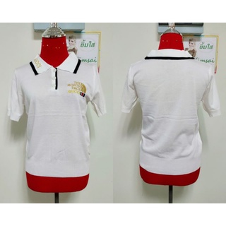 เสื้อโปโล งานไหมพรมสีขาว คอปกปักลาย