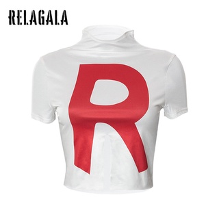 Relagala เสื้อยืดแขนสั้น คอสูง พิมพ์ลายตัวอักษร แฟชั่นสตรี