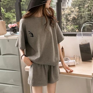 (M-4XL) ชุดเซ็ท 2 ชิ้น สีเทา เสื้อแขนสั้น + กางเกงขาสั้น #5396