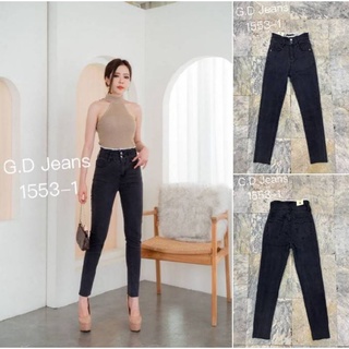 G.D.Jeans รุ่น  1553-1#กางเกงยีนส์แฟชั่นสีดำขายาวผ้ายืดเอวสูงแต่งลูกไม้ขาวรอบขอบเอวแบบน่ารัก