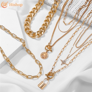 IFME Women Multilayer Pendant Gold Chain Choker Fashion Retro Pearl Metal Korean Style Lock Necklace Jewelry Accessories