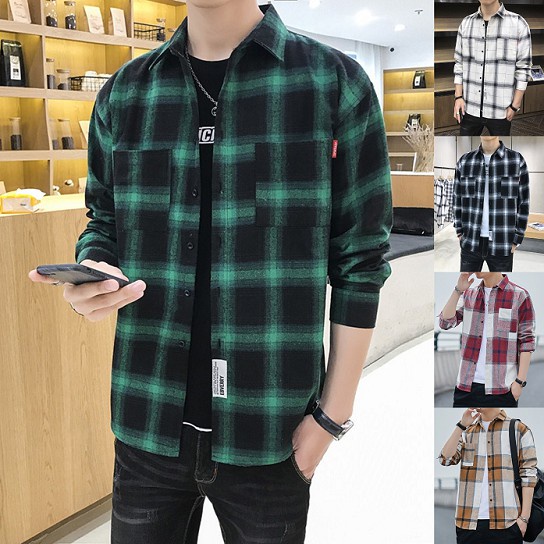 Mens Blouse Long Sleeve Tshirts Quality Checkered Korean Trend Casual