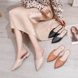 รองเท้าแฟชั่นทันสมัย 👡🩰รองเท้าหัวแหลมแต่งหมุด เปิดส้น 🎈👒นิ่ม สวมใส่สบาย เวอร์ชั่นเกาหลี T21