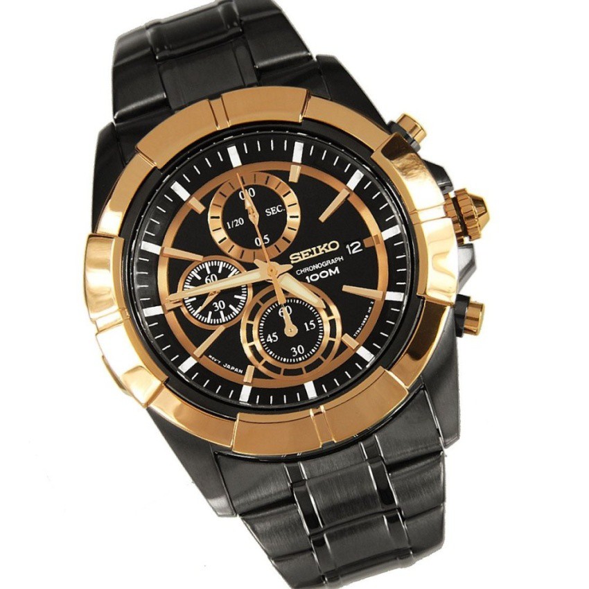 Seiko Lord Chronograph Mens Watch Black/Gold Stainless Steel Strap SNDE76P1