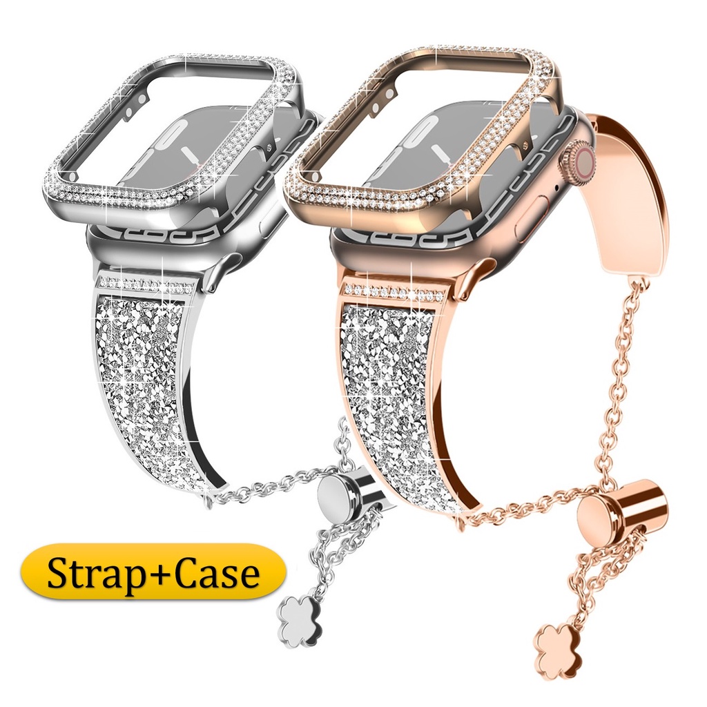สายนาฬิกาข้อมือสเตนเลส ประดับเพชร หรูหรา สําหรับ สายนาฬิกา watch Strap Series 8 7 se 6 5 4 3 2 1 ขนาด 41 มม. 45 มม. 38 มม. 40 มม. 44 มม. Bling Diamond Band เคส applewatch 8