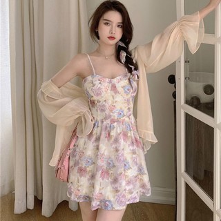 เดรสพิมพ์ลายดอกไม้สีม่วง เดรสชีฟองเอวสูงหวาน คาร์ดิแกนป้องกันแสงแดด + เดรสสลิงลายดอกไม้เอวฝรั่งเศส