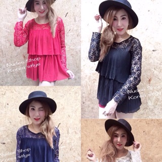 พร้อมส่ง วันพรุ่งนี้  🎀New Arrival🎀 เดรสชีฟอง ช่วงบนตัดต่อด้วยผ้าลูกไม้เกรดA ต่อชีฟองอัดพีทเป็นชั้