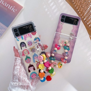 เคสโทรศัพท์มือถือ PC แข็ง แบบใส กันกระแทก ลายการ์ตูนผู้หญิง พร้อมตัวยึดโซ่ สําหรับ Samsung Galaxy Z Flip 3 5G 3in1