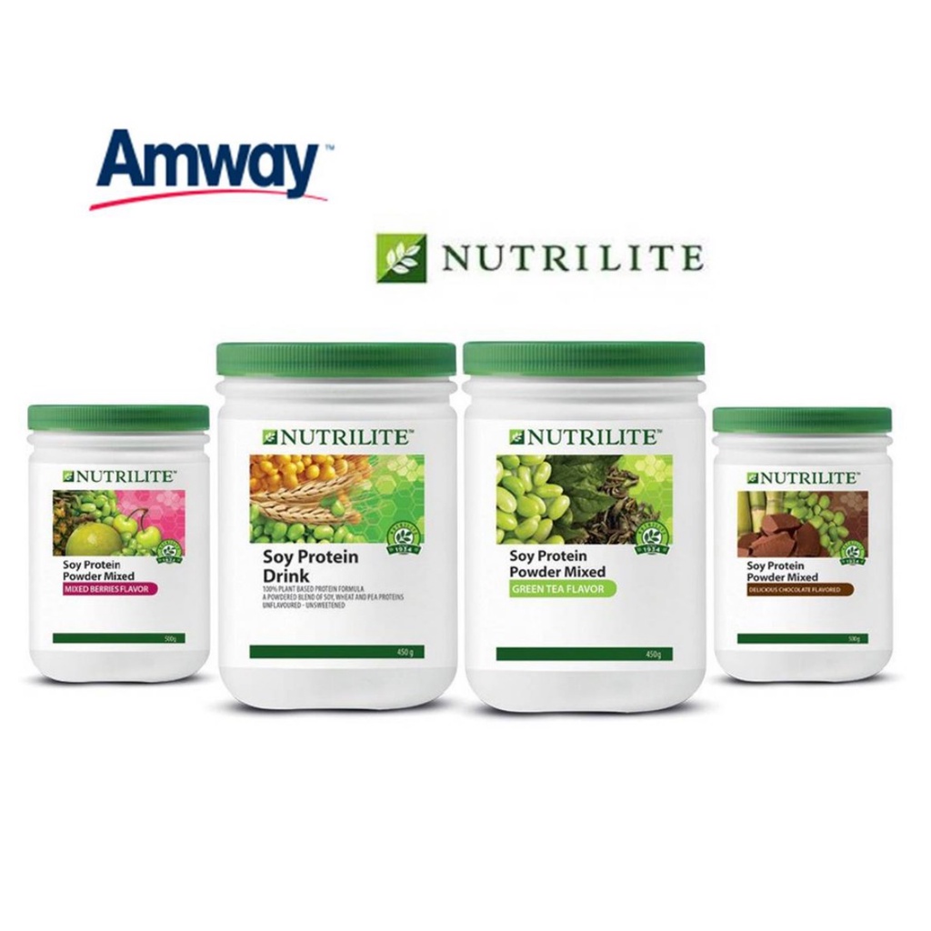 【Amway Nutrilite】แอมเวย์ นิวทริไลท์ เครื่องดื่มโปรตีนถั่วเหลืองผสม - รสช็อกโกแลต 500g+ชาเขียว 450g+มิกซ์เบอร์รี่ 500g