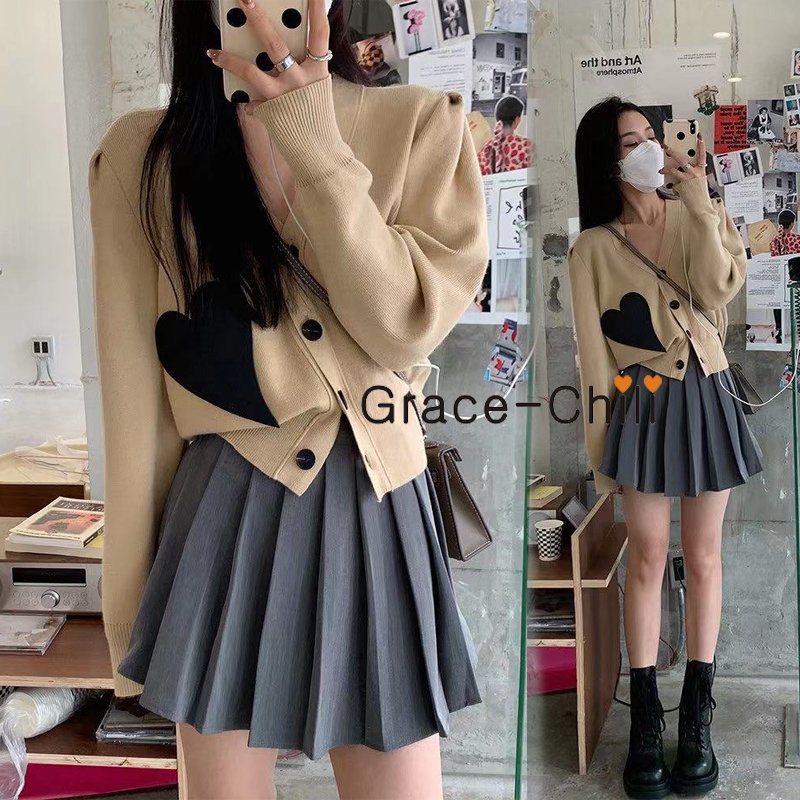 🌵Grace_chili🌵  เสื้อคาร์ดิแกน เสื้อไหมพรม แขนยาวคอวี สุดน่ารัก ลายหัวใจสไดล์เกาหลี