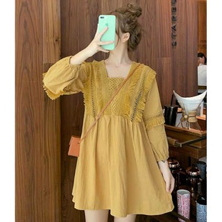 เดรสเกาหลี สีเหลืองแต่งอกและแขน พร้อมส่ง