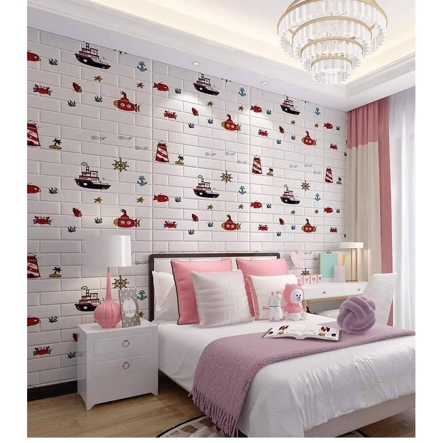 ☂wallpaper ติดผนังสีพื้น ✨ใหม่! ลายน่ารัก✨แผ่นใหญ่ 70x77 cm ลายการ์ตูน 3D wallpaper ติดผนัง ติดเพดาน