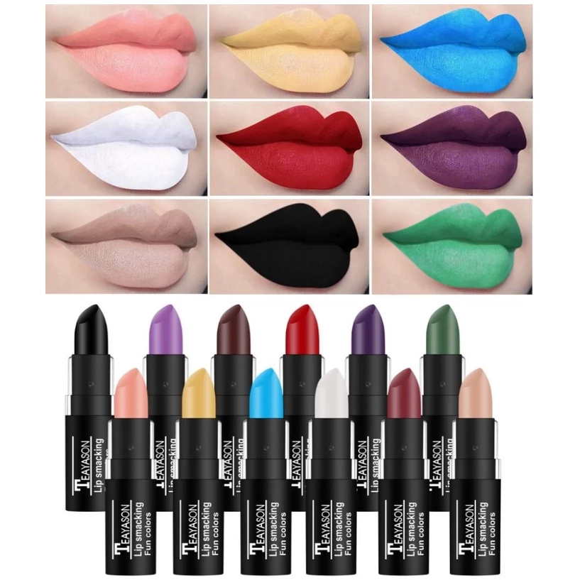 ลิปสติก สีแมท เนื้อเนียล ฮาโลวีน ลิปดำ ขาว ม่วง เขียว Matte Lipstick Black White Purple Green Red Halloween Make up