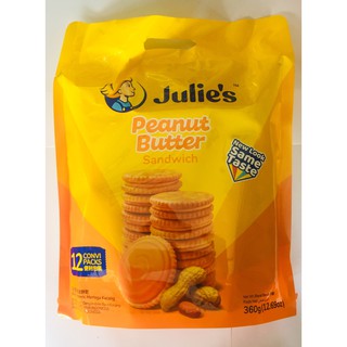 จูลี่ย์ Julie’s Peanut Butter Sandwich โฉมใหม่2021 ขนม สอดไส้เนยถั่ว แพคใหญ่ มีหูหิ้ว ขนาด360กรัม มี12ห่อด้านใน