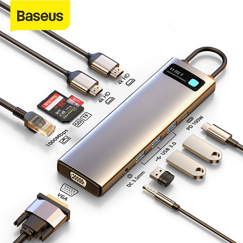 Baseus USB C HUB to HDMI-compatible VGA USB 3.0 Adapter 9/11 in 1 USB Type C HUB Dock  PD RJ45 SD Ca