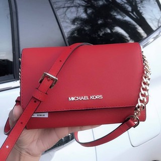 (ผ่อน0%) กระเป๋าสะพายข้าง Michael kors Jet Set MD MF Phone Xbody หนังแท้ สีแดง