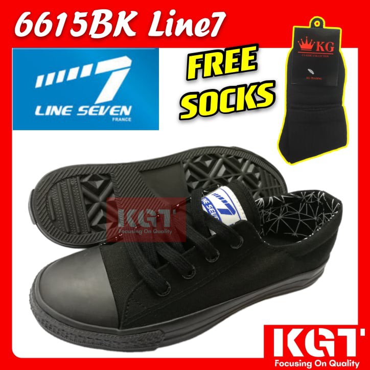 ฟรีถุงเท้า KASUT BERTALI SEKOLAH HITAM LINE SEVEN L7-6615BK FRANCE LACE UP DESIGN Line7 สีดํา SCHOOL
