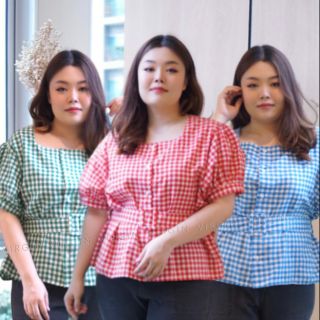 เสื้อสาวอวบ เสื้อคอเหลี่ยม แขนตุ๊กตา เสื้อลายสก็อต Big Size Blouse