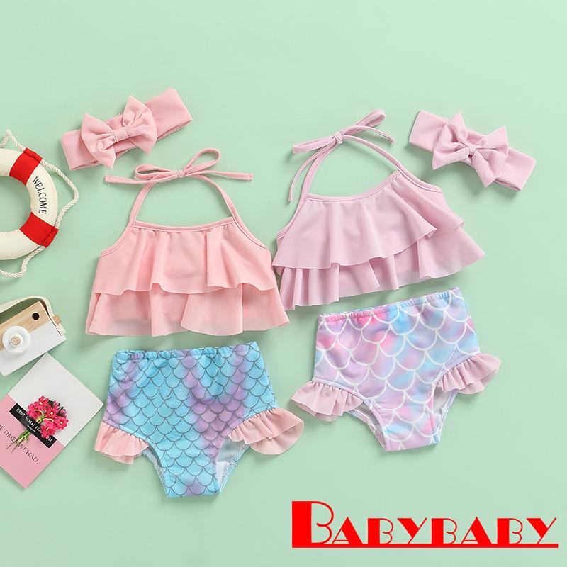 ❀Hp♠ชุดบิกินี่ 3 ชิ้น, เสื้อคล้องคอ สีพื้น + ด้านล่างนางเงือก + ที่คาดผม