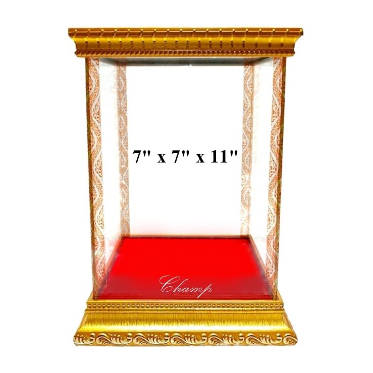ตู้กระจก(ใส่พระขนาด 7x7x11 นิ้ว) ขนาดภายนอก 21x21x34 ซม. กำมะหยี่สีแดง กรอบไม้สีทอง [ด้านใน 7x7x11 นิ้ว]