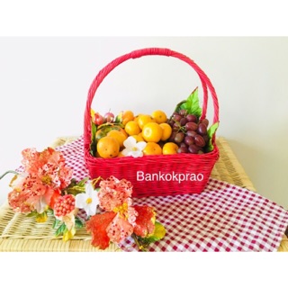 ตะกร้า ตะกร้าหวาย สี่เหลี่ยม (สีแดง) ขนาด 20.5x26x10 cm Rattan Basket ตรุษจีน กระเช้าตรุษจีน กระเช้าส้ม ตะกร้าส้ม