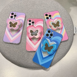 สําหรับ iPhone 7/8plus XR 11 13 Pro Max เคสสี หัวใจ พิมพ์ พร้อมที่วางกระจกผีเสื้อ ขาตั้ง นิ่ม TPU กันกระแทก เคสโทรศัพท์