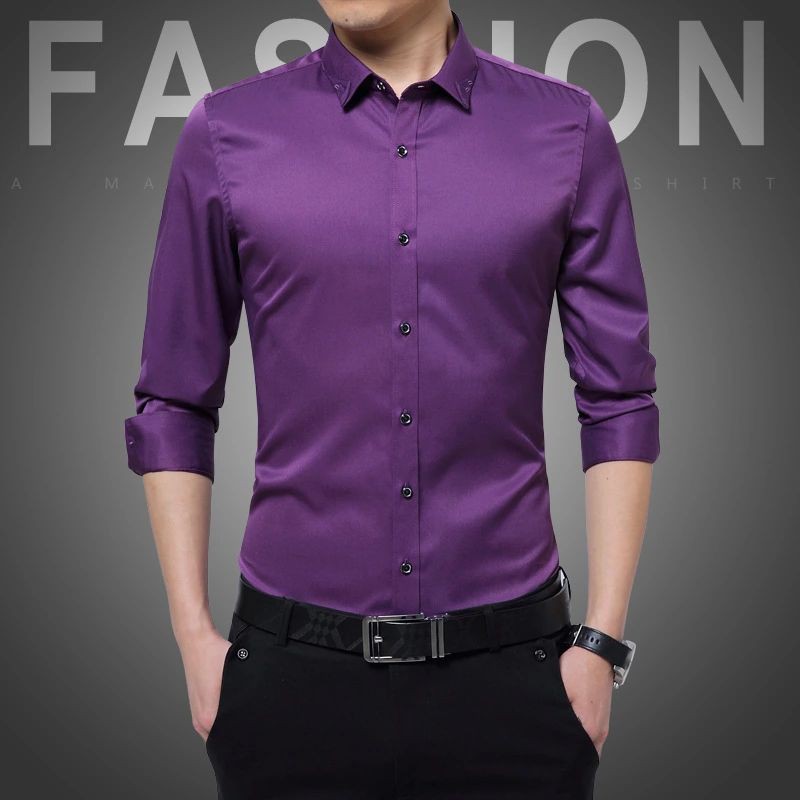 สต็อกพร้อม! ❄ฤดูร้อนใหม่สีม่วงเสื้อแขนยาวแฟชั่นสบายๆBaju Lelaki Slim Fit Kemeja Lelaki