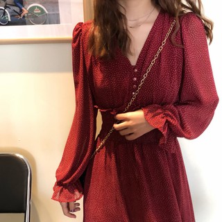 พร้อมส่ง 🍐 korea red dress C100 เดรสยาว เดรสยาวสีแดงลายจุด