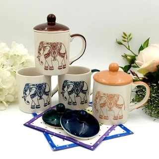🍵🐘 SPP – LYCHANG แก้ว พร้อมฝา เซรามิค ชากาแฟ ทรงกระบอก แก้วมัค ลายไทย ลายช้าง Thai Elephant Mug w/ Lid