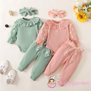 Babygarden-0-18 เดือน ชุดรอมเปอร์ แขนยาว พิมพ์ลายดอกเดซี่ + กางเกงเข็มขัด + ชุดที่คาดผม สําหรับเด็กผู้หญิง