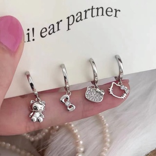 4-piece Cute Fashion Kitty Earrings Cartoon Collar Earrings Temperament Light Women Luxury Cat Asymmetric Zirconium Earrings