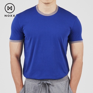 Noxx Round Neck T-shirt: เสื้อยืด คอกลม สีน้ำเงินสด ขอบเทาอ่อน