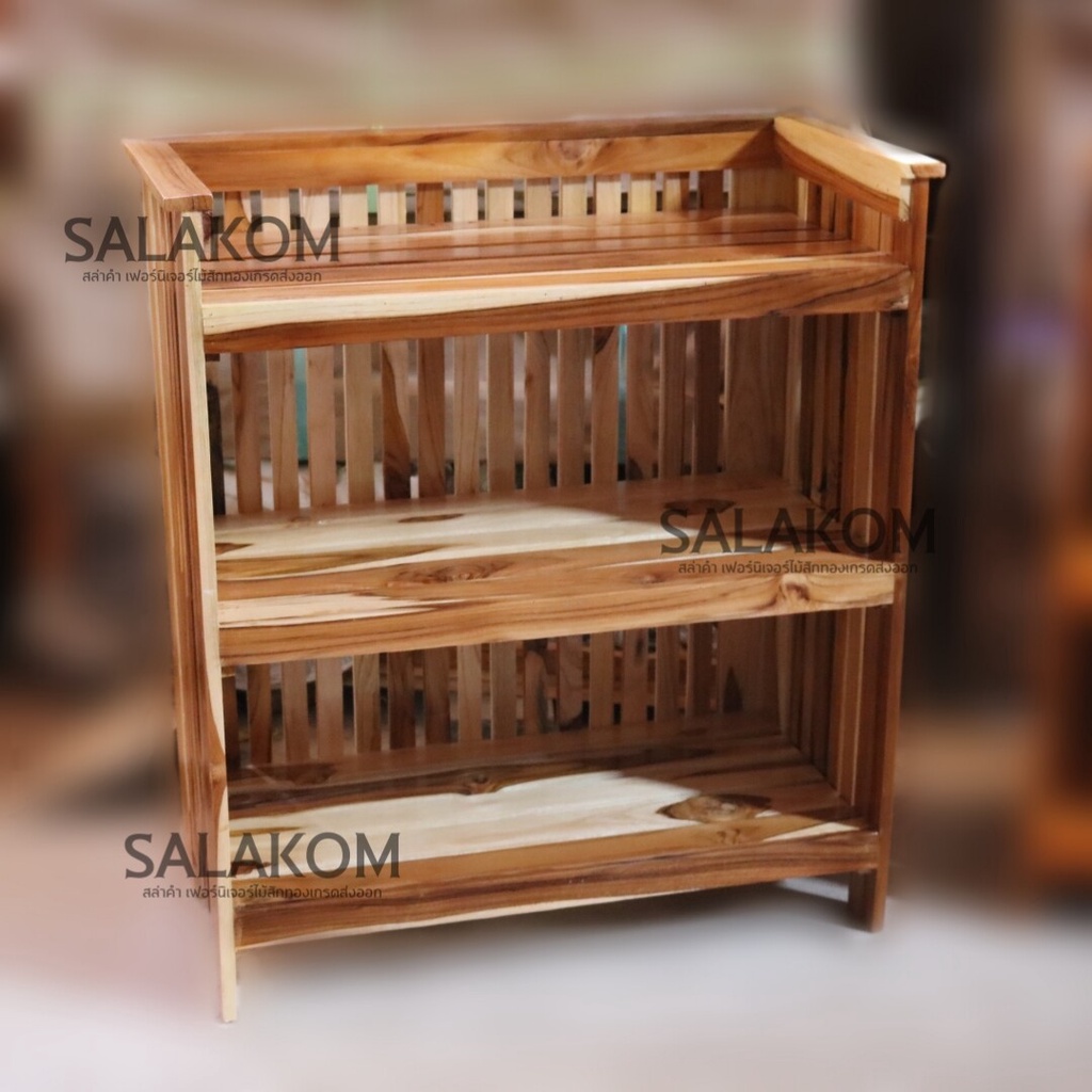 SLK ชั้นวางของ วางของใช้ในบ้าน งานไม้สัก แบบซี่ 3 ชั้น สีลายไม้ desk 📌จัดส่งฟรี📌