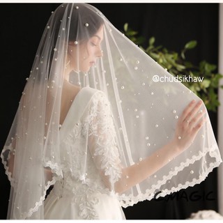 veil ผ้าคลุมเจ้าสาวติดมุกขอบลูกไม้ มีหวีสับในตัวงานสวยมาก มุกเม็ดใหญ่ เนื้อผ้านิ่ม