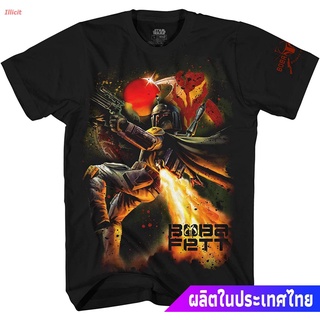 ผ้าฝ้ายแท้ คอลูกเรือIllicit สตาร์วอร์สเสื้อยืดแขนสั้น STAR WARS Boba Fett Mandalorian Galaxy Bounty Hunter Adult T-Shirt