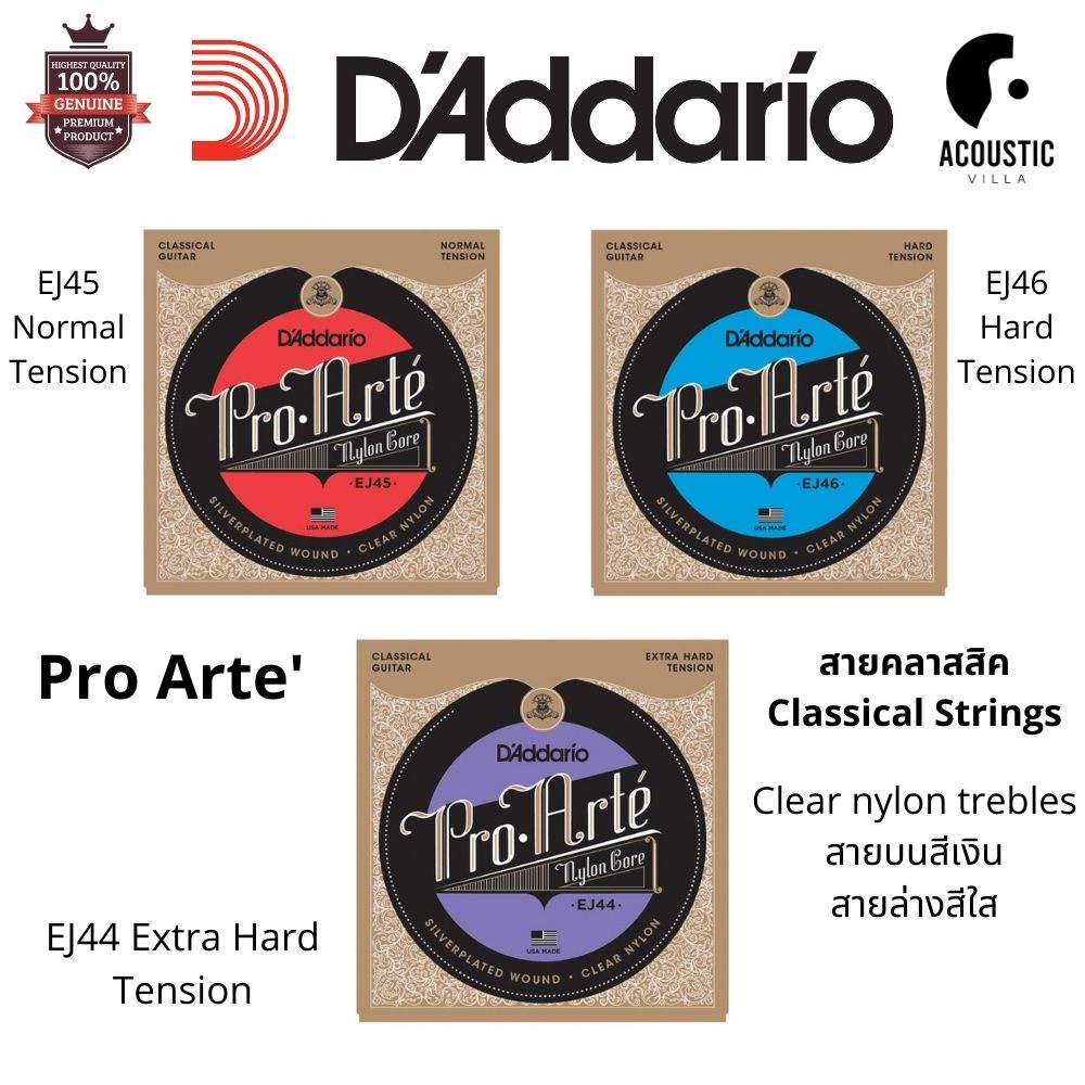 สายกีตาร์คลาสสิค D’Addario Classical EJ44 EJ45 EJ46 Pro-Arte, Clear Nylon Trebles