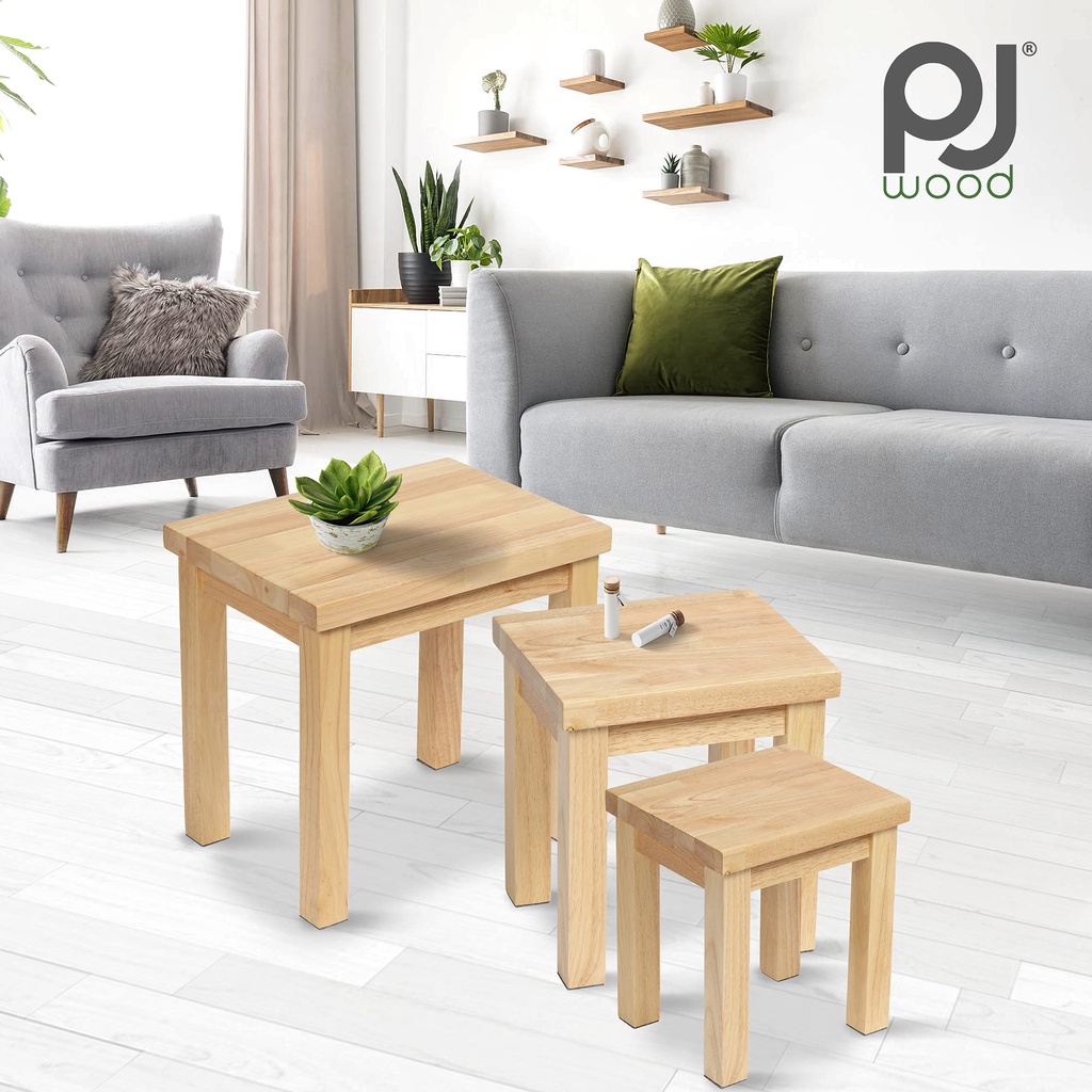 PJ wood โต๊ะกลาง โต๊ะวางของ ไม้แท้ ประหยัดพื้นที่ Nesting Coffee Table Set