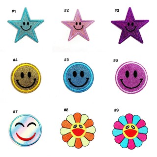 ตัวรีดหน้ายิ้ม ดาว ดอกไม้ กากเพชร หลากสี Smiley Face Patch DIY wop ตัวรีดติดเสื้อ ตัวรีด อาร์มติดเสื้อ น่ารัก กลิตเตอร์