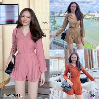 TwinsShopVip💗พร้อมส่ง TW17641 Set 2 ชิ้น เสื้อแขนยาว คอปก + กางเกงขาสั้น..