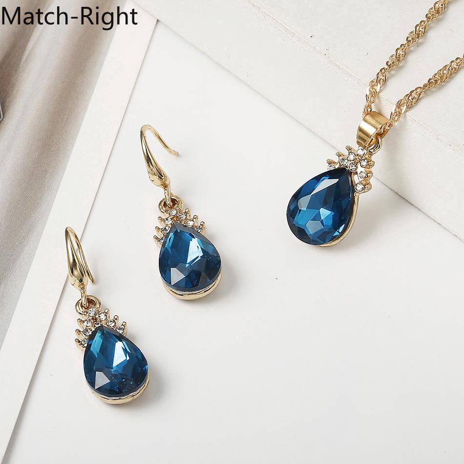 ชุดเครื่องประดับแฟชั่น สร้อยคอและต่างหูไรน์สโตนหลายสีย้อนยุค Necklace Earrings Rhinestone Waterdrop Retro Jewelry Set