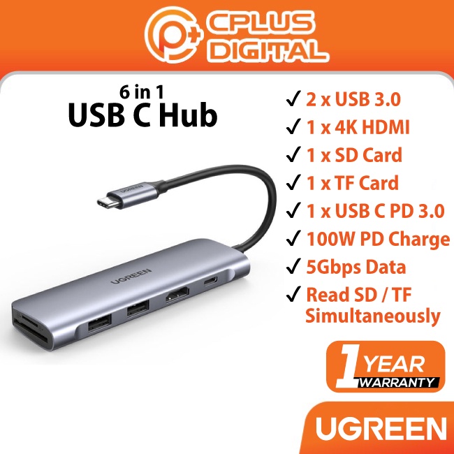 UGreen อะแดปเตอร์ USB C PD 6-in-1 พร้อม 4K HDMI USB 3.0 4K HDMI TF SD การ์ด USB C PD 3.0 100W PD Cha