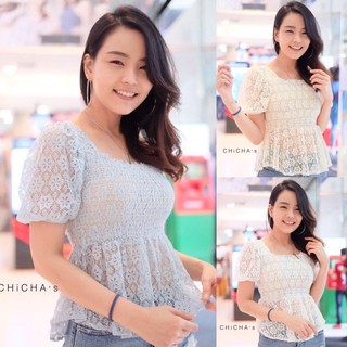 พร้อมส่ง-Chicha เสื้อลูกไม้เนื้อหวานๆ สีพาสเทล ทรงน่ารักมาก ตีสม็อคอกแขนตุ๊กตาพองๆ ชายเสื้อโค้ง งานน่ารักๆ