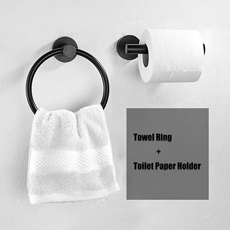 2Pcs Bathroom Hardware Black Towel Ring and Toilet Paper Holder