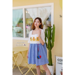 เดรสเกาหลีปักหมีกระโปรงลายสก๊อตสีฟ้า🧸💙ป้าย miss alley
