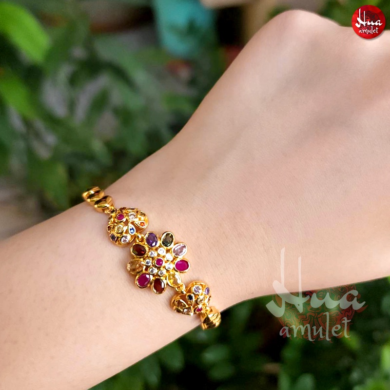 A27 สร้อยข้อมือเพชรหัวใจข้าง กลางดอกไม้นพเกล้า ตะขอ กำไลเสริมดวง กำไลมงคล งานทน ใส่สวย ไม่ลอก กำไลข้อมือ