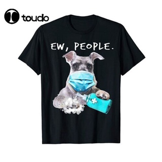 [S-5XL] เสื้อยืดผ้าฝ้าย พิมพ์ลาย Schnauzer Ew People Dog Wearing A Face Mask สีดํา สไตล์คลาสสิก สําหรับผู้ชาย