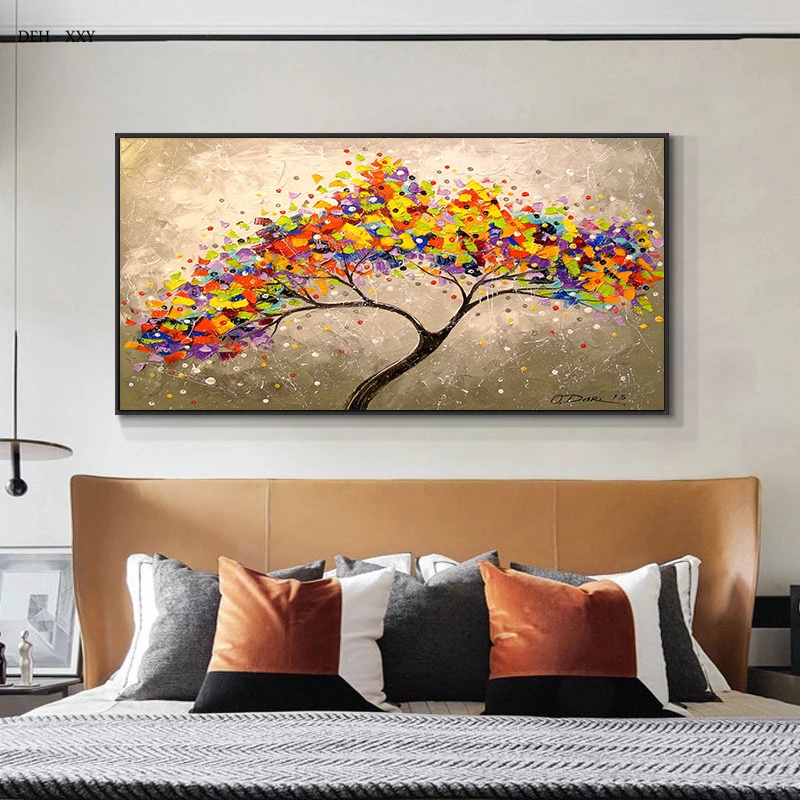 Tree Of Happiness ภาพวาดผ้าใบบทคัดย่อสไตล์น้ํามันที่มีสีสัน Wall Art ภาพสําหรับตกแต่งห้องนั่งเล่น