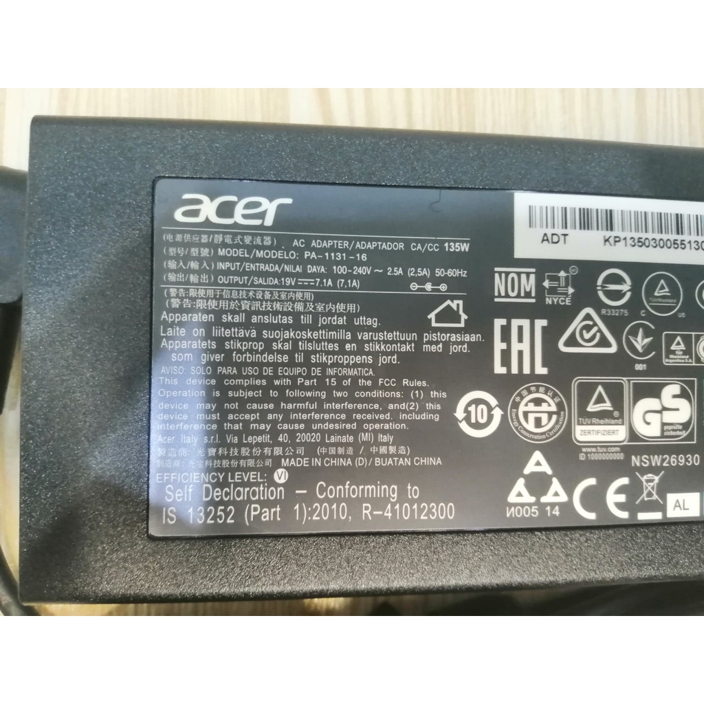Acer Adapter (ของแท้) 19V/7.1A 135W หัวขนาด 5.5*1.7mm ACER NITRO 5 สายชาร์จ เอเซอร์ อะแดปเตอร์ ประกันนาน 6 เดือน